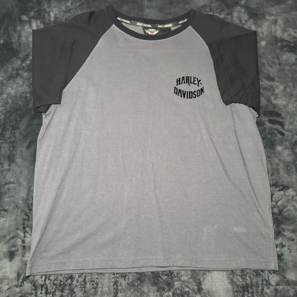 Harley Davidson T-Shirt Men Black Gray XL Velvet Print Short Sleeve Button Up